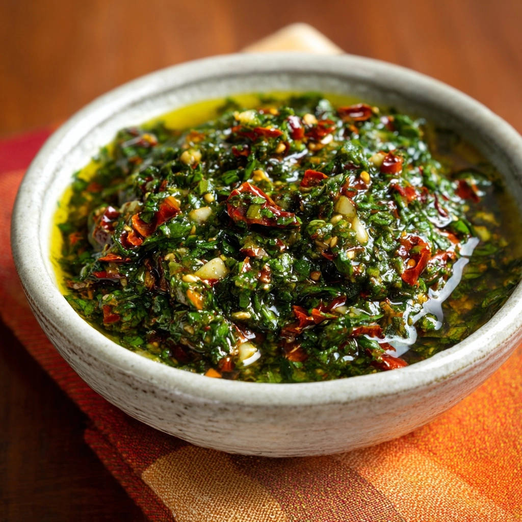Argentinisches Chimichurri in einer Schale, Detailaufnahme der frischen, gehackten Kräuter und roten Chiliflocken in Öl.
