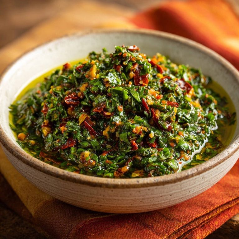 Argentinisches Chimichurri in einer Schüssel, Nahaufnahme des leuchtend grünen und aromatischen Krauts mit Chilistückchen.