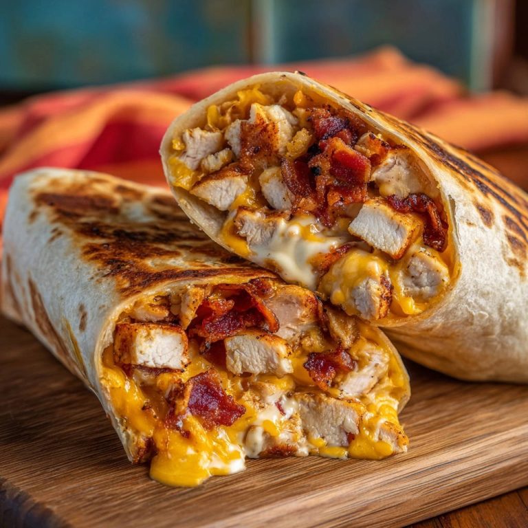 Ultimativer Bacon-Hähnchen-Käse-Wrap im Anschnitt, der die saftige Füllung aus Hähnchen, Speck und geschmolzenem Käse zeigt.