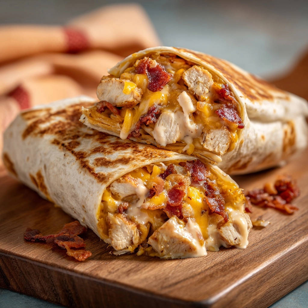 Ultimativer Bacon-Hähnchen-Käse-Wrap, angeschnitten und mit saftigen Hähnchenstücken und geschmolzenem Käse gefüllt.