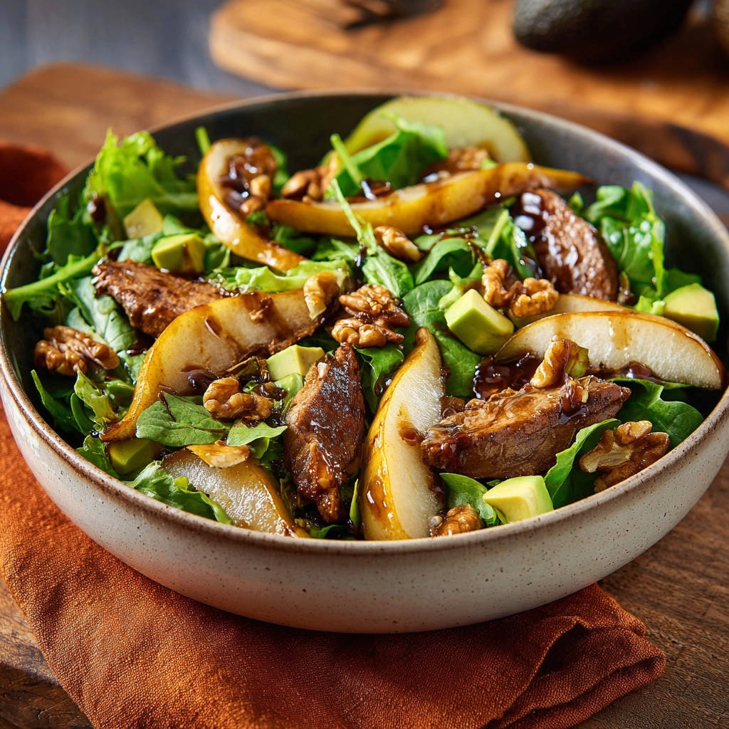 Herbstlicher Birnen-Avocado-Salat mit Walnüssen und Fleischstückchen, Nahaufnahme der Texturen und des Dressings.