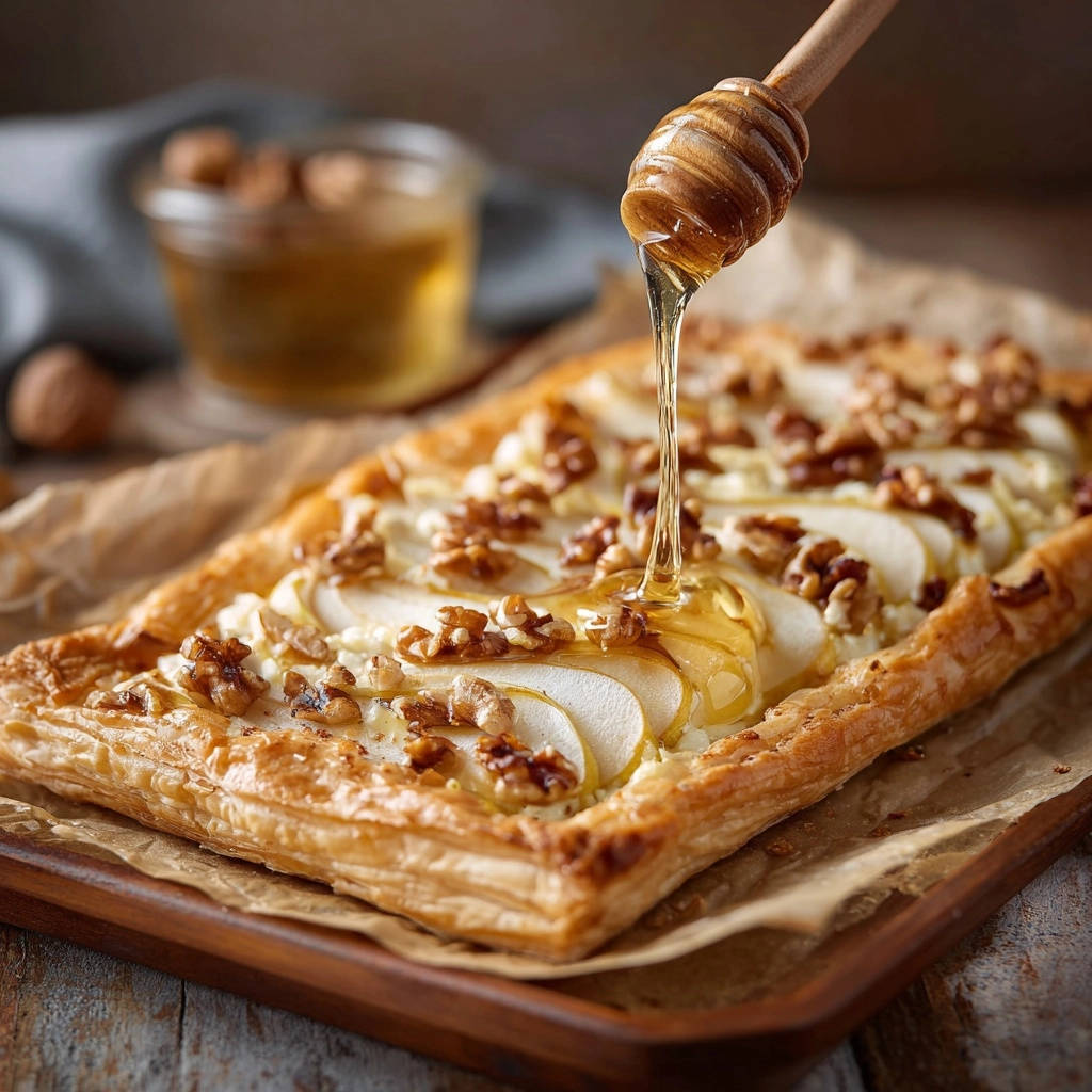 Elegante Birnen-Walnuss-Tarte mit Ziegenkäse & Honig, auf die köstlicher Honig mit einem Honigdipper geträufelt wird.
