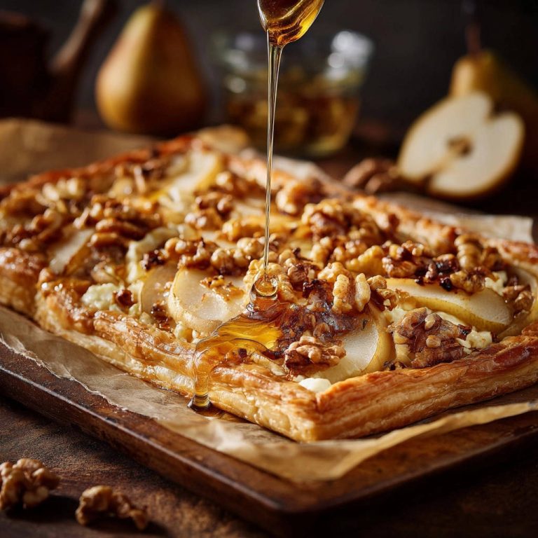 Elegante Birnen-Walnuss-Tarte mit Ziegenkäse & Honig, bei der Honig über die knusprige Tarte geträufelt wird.