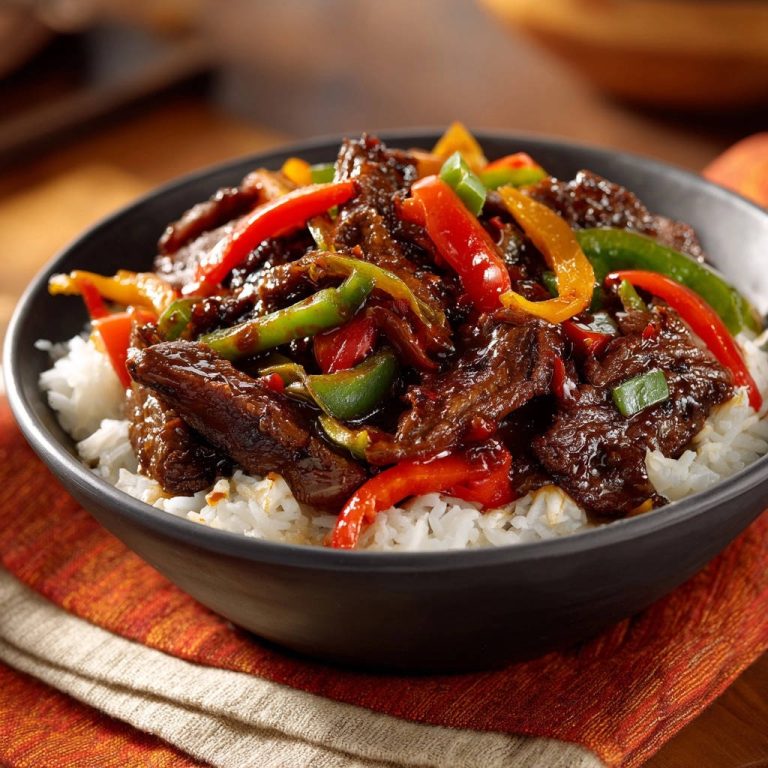 Blitz-Wok mit Rindfleisch und Paprika als Nahaufnahme in einer schwarzen Schüssel auf einem orangefarbenen Tuch.
