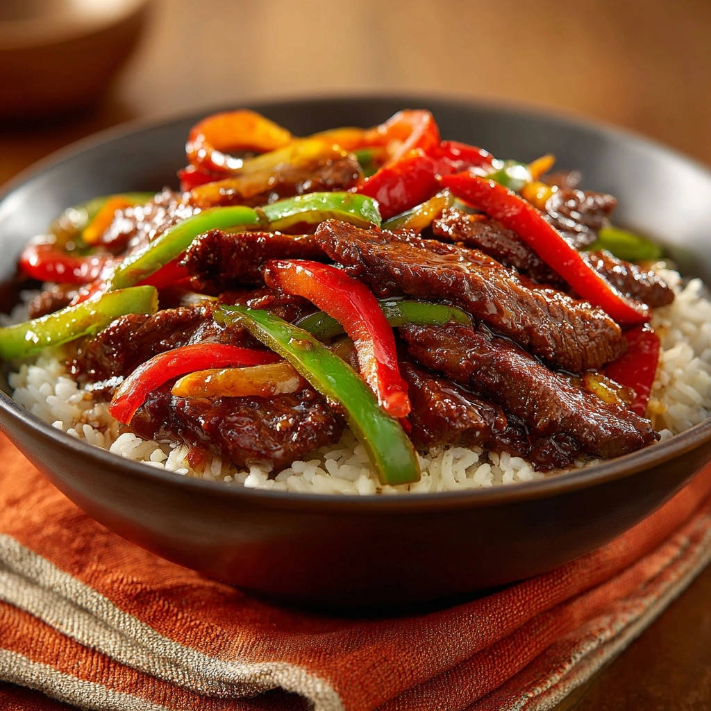 Blitz-Wok mit Rindfleisch und Paprika, serviert in einer Schüssel über weißem Reis, mit bunten Paprikastreifen.