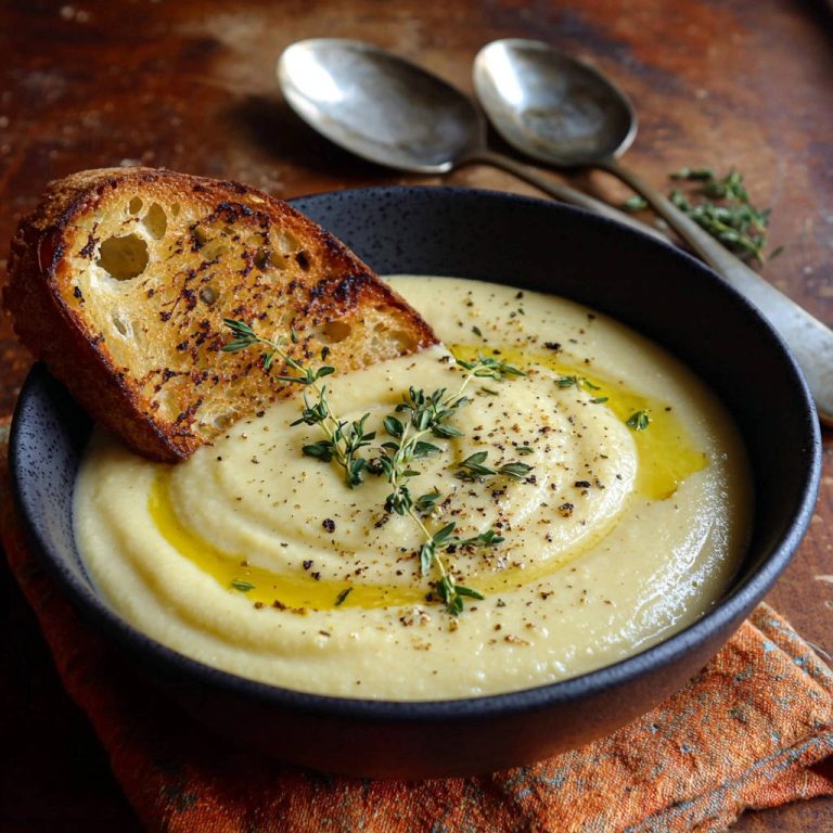 Samtweiche Blumenkohl-Cremesuppe mit geröstetem Thymian-Brot, serviert in einer schwarzen Schüssel, nahaufnahme des garnierten Tellers.