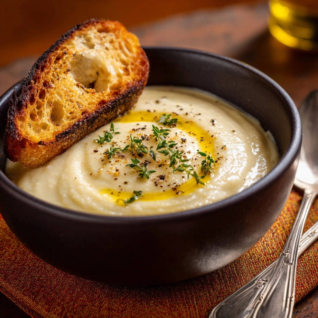 Samtweiche Blumenkohl-Cremesuppe mit geröstetem Thymian-Brot, garniert mit frischen Kräutern und Olivenöl.