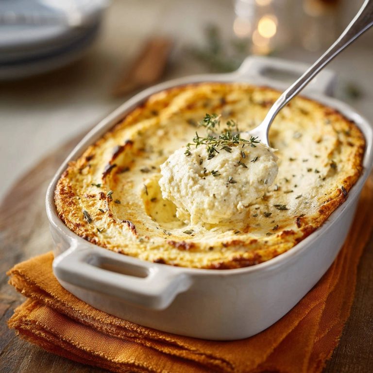 Cremiger Blumenkohl-Gratin mit Thymian, eine Löffelportion wird herausgenommen, die cremige Textur ist gut sichtbar.