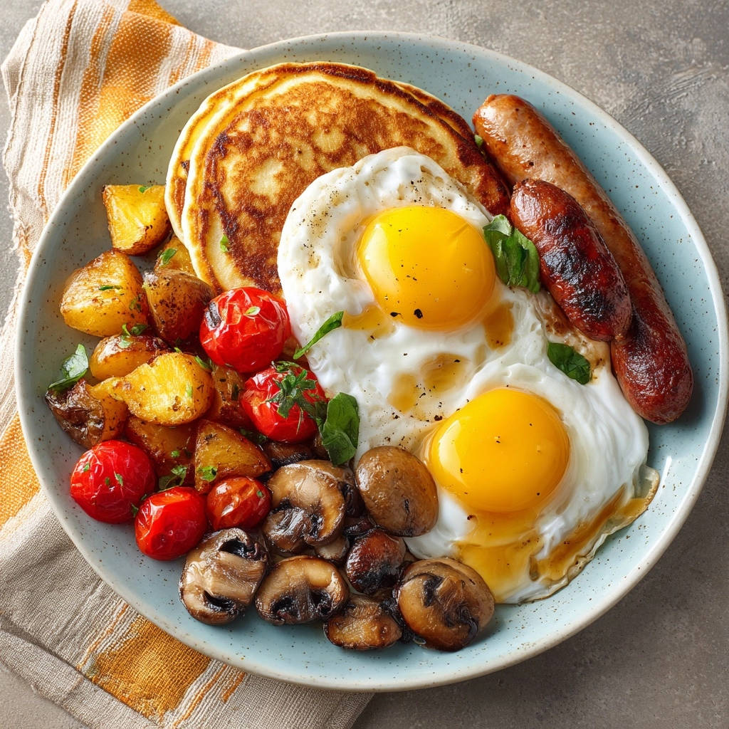 Das ultimative Brunch-Upgrade serviert auf einem Teller mit Spiegeleiern, Würstchen, Pfannkuchen und Kartoffeln.