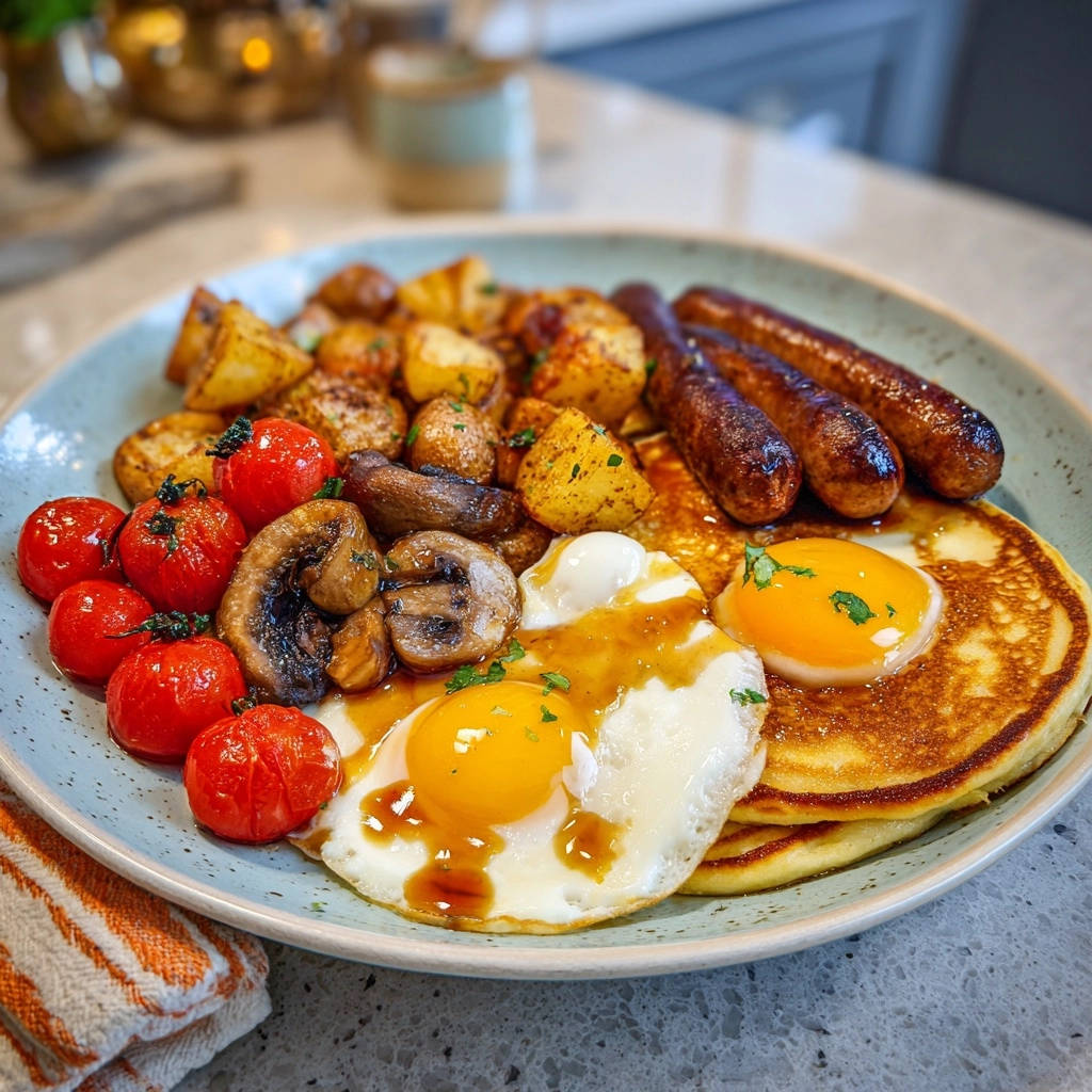 Das ultimative Brunch-Upgrade serviert auf einem Teller mit Spiegeleiern, Würstchen, Kartoffeln, Tomaten und Pilzen.
