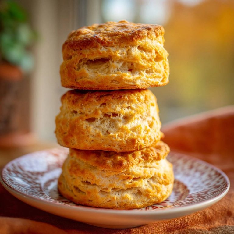 Klassische Buttermilch-Biscuits, gestapelt auf einem Teller, zeigen luftig-leichte Schichten in einer Nahaufnahme.