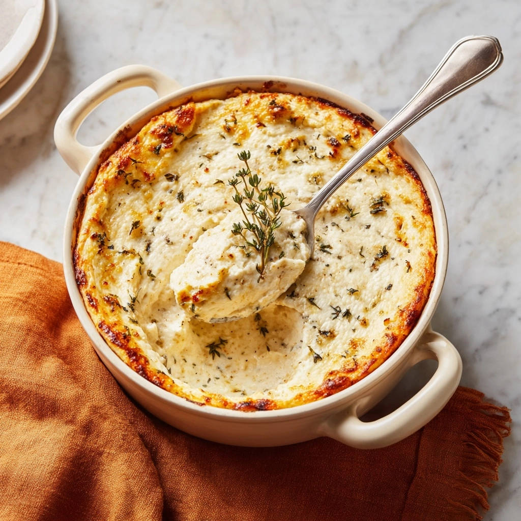 Cremiger Blumenkohl-Gratin mit Thymian, serviert mit einem Löffel, der die lockere Textur zeigt.