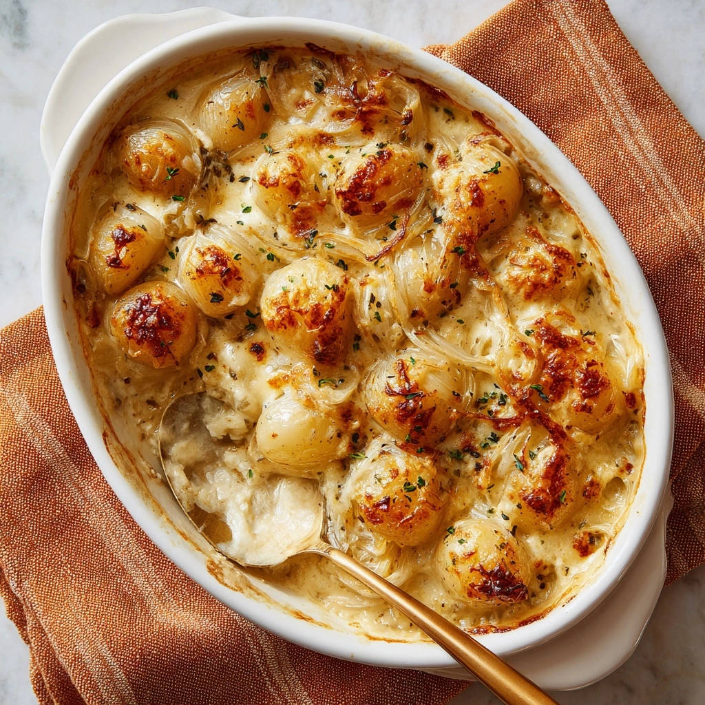Cremiges Kartoffelgratin als Nahaufnahme mit geschmolzenem Käse und goldbraunen Zwiebeln.