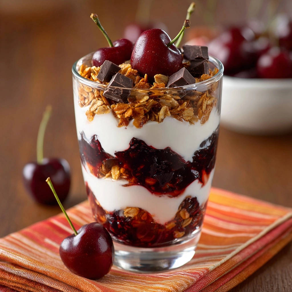 Cremiges Kirsch-Schoko-Müsli-Parfait im Glas garniert mit frischen Kirschen und Schokoladenstücken.