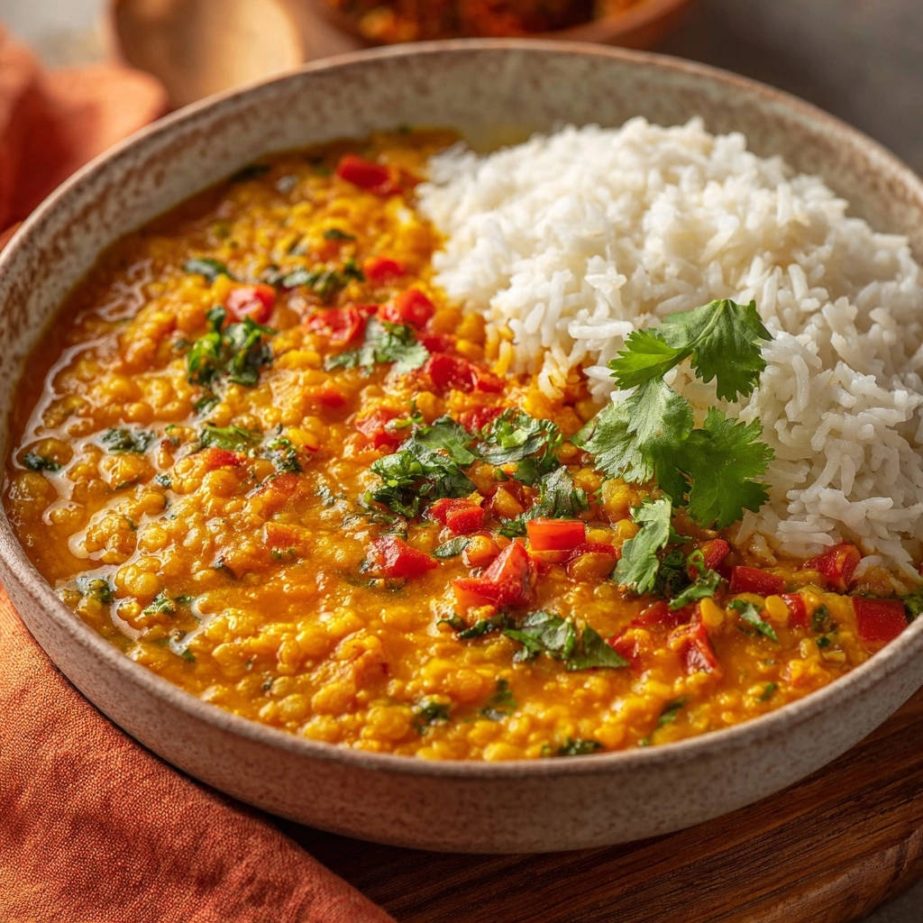 Cremiges Linsen-Dal mit Basmatireis, garniert mit frischem Koriander und roten Paprikastücken.