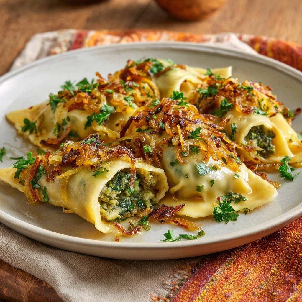 Cremige Spinat-Maultaschen mit Röstzwiebeln, angeschnitten mit sichtbarer Füllung und Petersilie garniert.