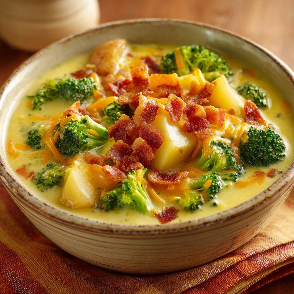 Cremige Brokkoli-Kartoffel-Käse-Suppe mit knusprigem Speck und Käse garniert in einer Schüssel.