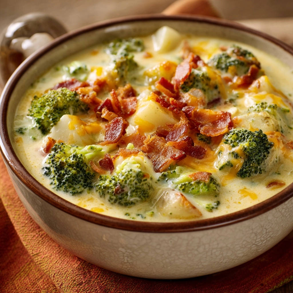 Cremige Brokkoli-Kartoffel-Käse-Suppe mit knusprigen Speckwürfeln und geschmolzenem Käse als Topping in einer Schüssel.