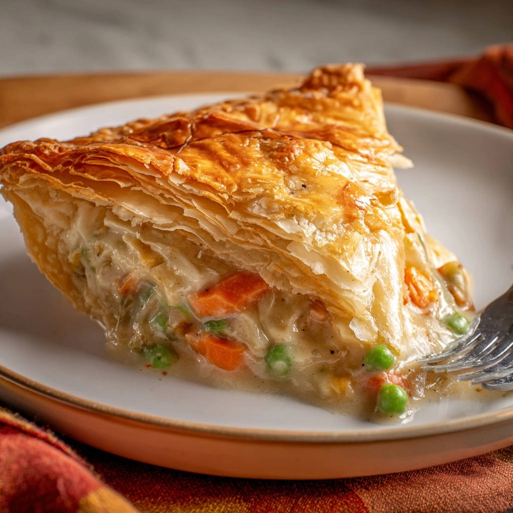 Cremige Hähnchen-Gemüse-Pastete mit knusprig-goldener Kruste, gezeigt als Anschnitt mit sichtbarem Gemüse und cremiger Füllung.