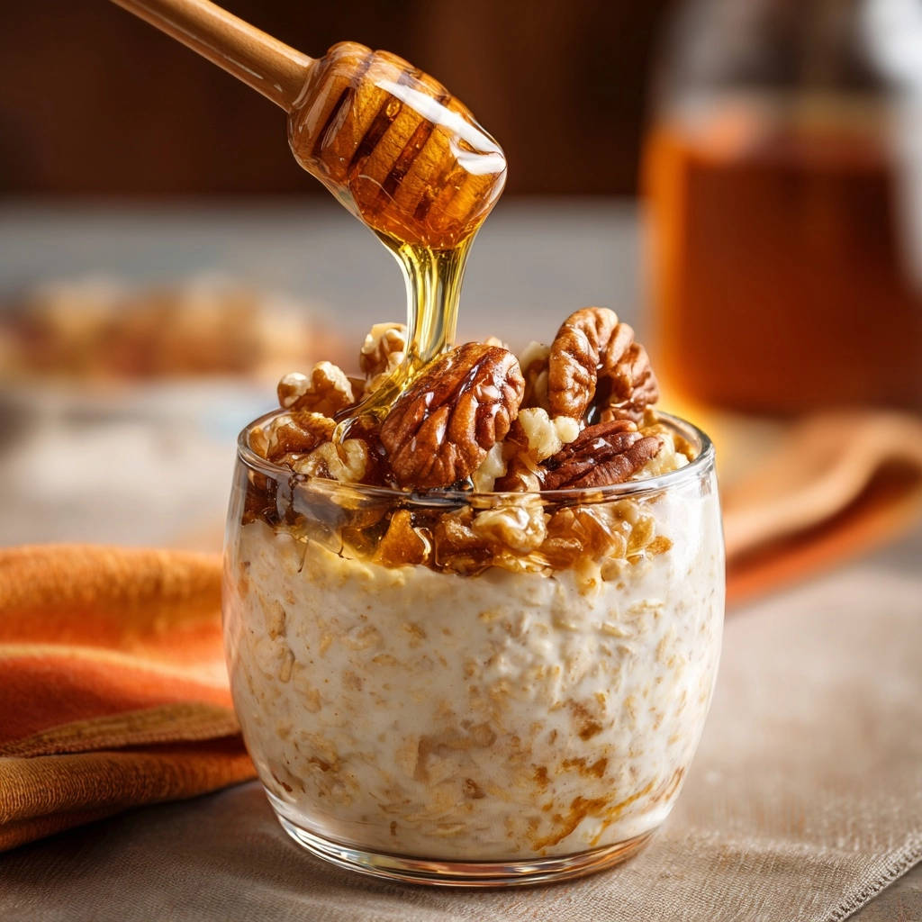 Cremige Honig-Nuss Overnight Oats, wie Honig von einem Holzlöffel auf die Nüsse tropft.