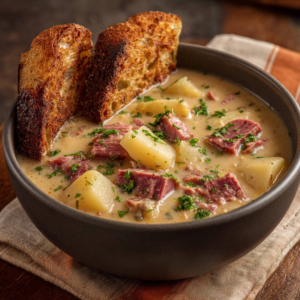 Cremige Kartoffel-Fleisch-Suppe mit getoastetem Brot als Garnitur, serviert in einer dunklen Schüssel.