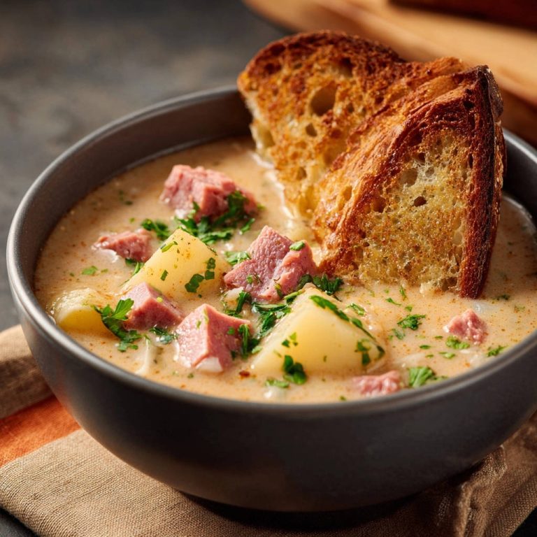 Cremige Kartoffel-Fleisch-Suppe mit Brot als Nahaufnahme, detailreich und appetitlich angerichtet.