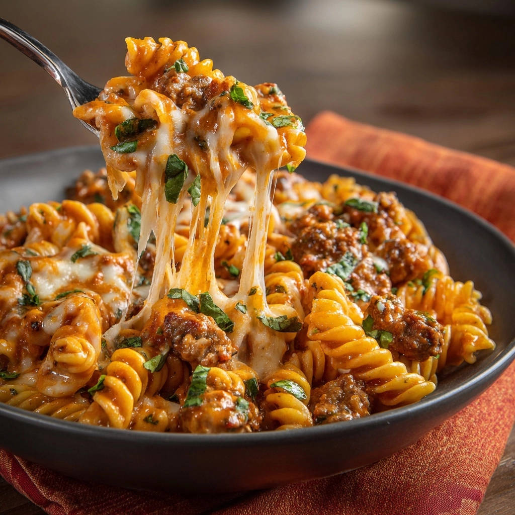 Cremige One-Pot-Pasta mit Hackfleisch, serviert auf einer Gabel mit langem, geschmolzenem Käse.