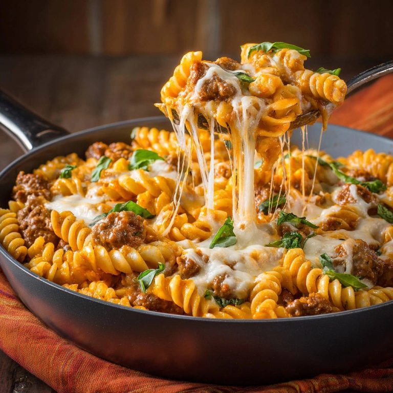 Cremige One-Pot-Pasta mit Hackfleisch, serviert mit einem Löffel voller geschmolzenem Käse, der Fäden zieht.