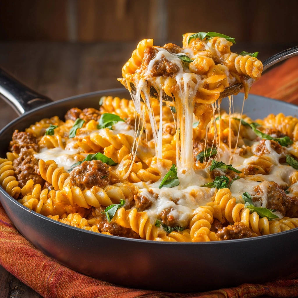 Cremige One-Pot-Pasta mit Hackfleisch, serviert mit einem Löffel voller geschmolzenem Käse, der Fäden zieht.