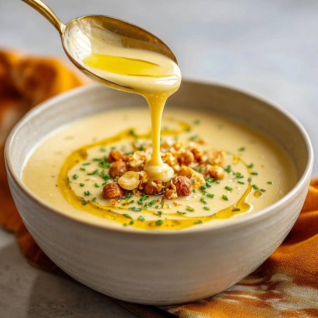 Cremige Pastinaken-Kartoffel-Suppe mit Knusper-Bällchen, garniert mit Kräutern und Öl, aus einem Löffel wird Sauce geträufelt.