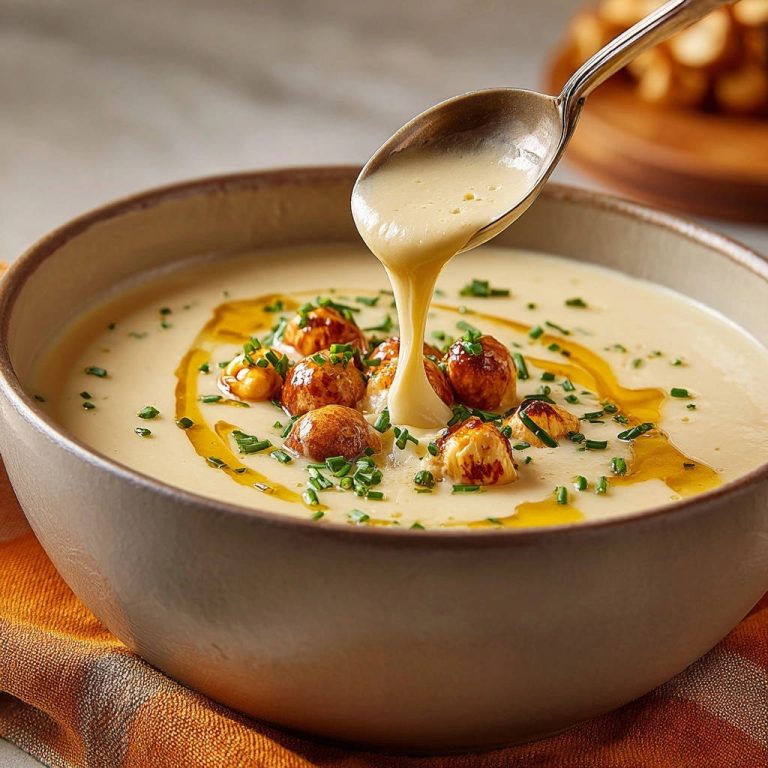 Cremige Pastinaken-Kartoffel-Suppe mit Knusper-Bällchen, garniert mit frischen Kräutern und einem Schuss Öl.