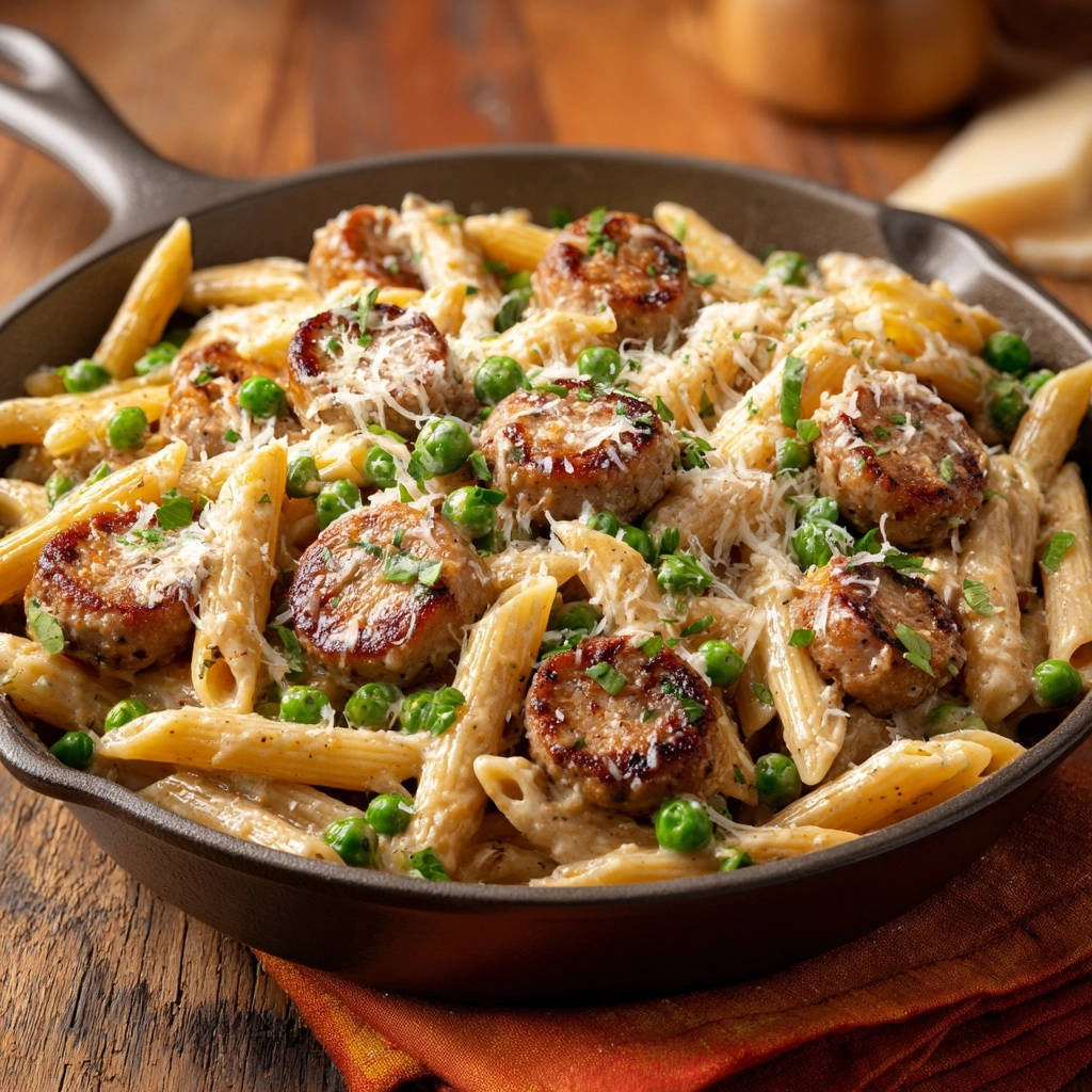Cremige Penne mit Wurst und Erbsen, nah aufgenommen in einer gusseisernen Pfanne, garniert mit Parmesan.