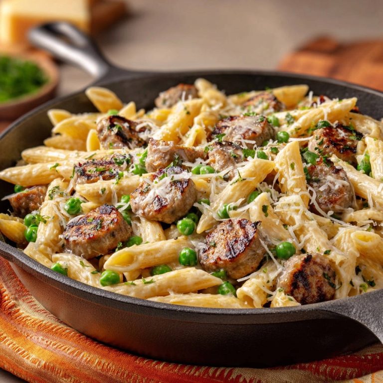 Cremige Penne mit Wurst und Erbsen, nahaufnahme in einer Gusseisenpfanne, garniert mit Parmesan und Petersilie.