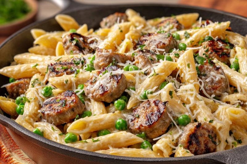 Penne mit Wurst und Erbsen
