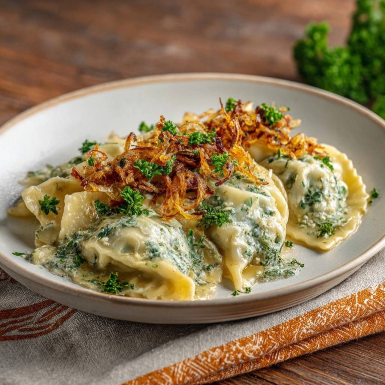 Cremige Spinat-Maultaschen mit Röstzwiebeln und frischer Petersilie, serviert auf einem Teller.