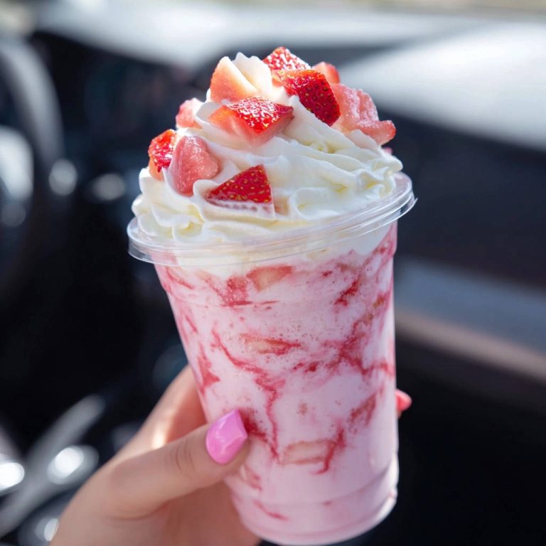 Cremiger Erdbeer-Sommer-Traum garniert mit frischen Erdbeeren und Schlagsahne, detailreiche Nahaufnahme des sommerlichen Desserts.