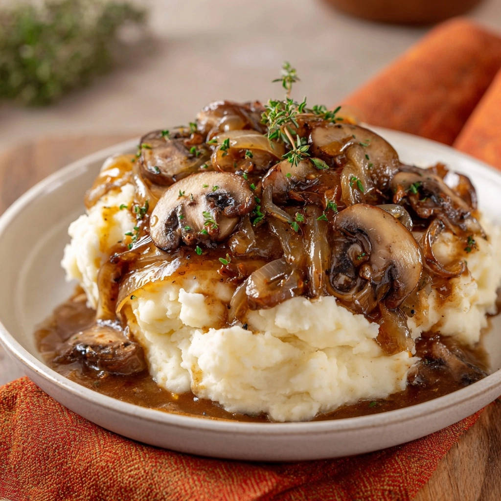 Cremiger Kartoffelbrei mit Pilz-Zwiebel-Soße, garniert mit frischen Kräutern und serviert in einer weißen Schüssel.