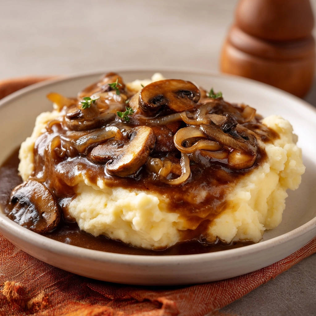 Cremiger Kartoffelbrei mit Pilz-Zwiebel-Soße als Nahaufnahme, serviert auf einem Teller mit viel Soße.
