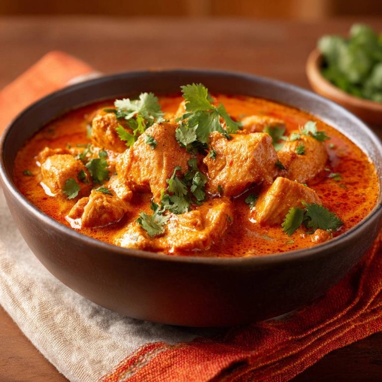 Cremiges Hähnchen-Curry als Nahaufnahme mit frischer Koriandergarnitur in einer dunklen Schüssel