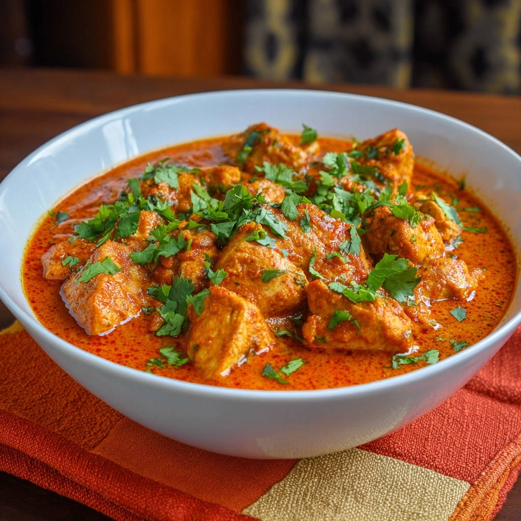Cremiges Hähnchen-Curry, ein Teller mit saftigen Hähnchenstücken in einer cremigen Sauce, garniert mit frischer Petersilie.