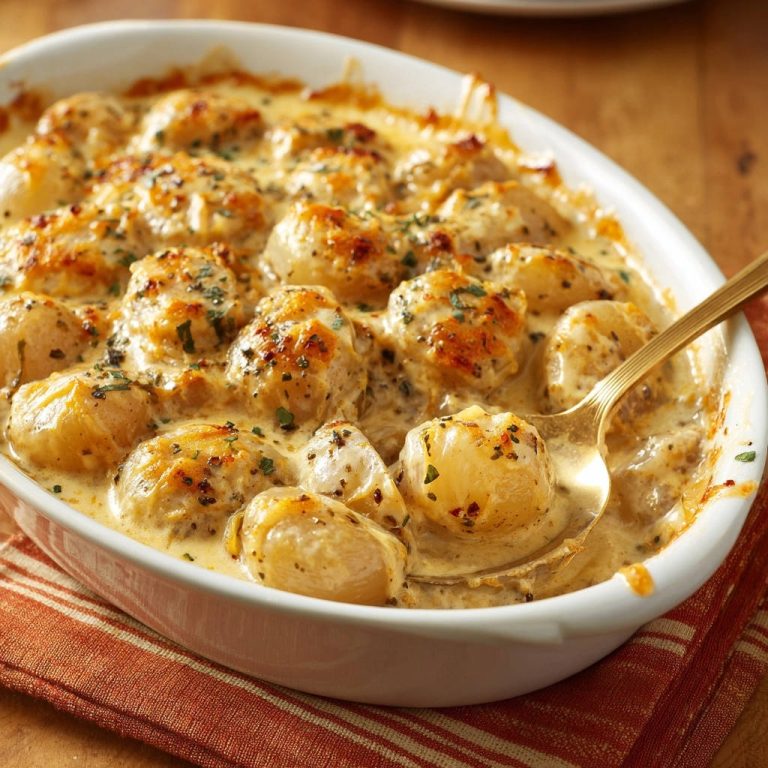 Cremiges Kartoffelgratin, das mit einem goldenen Löffel aus der Auflaufform geschöpft wird, zeigt die reichhaltige Käsesauce.