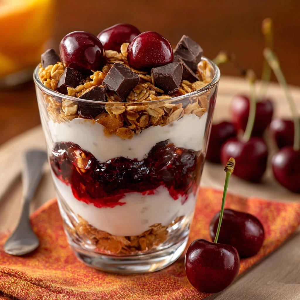 Cremiges Kirsch-Schoko-Müsli-Parfait im Glas geschichtet mit Kirschkompott und Joghurt, garniert mit Schokostückchen und Kirschen.