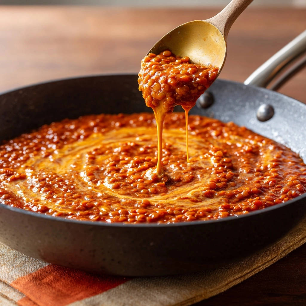 Cremiges Linsen-Curry wird mit einem Löffel aus einer Pfanne gehoben, was die cremige Konsistenz zeigt.