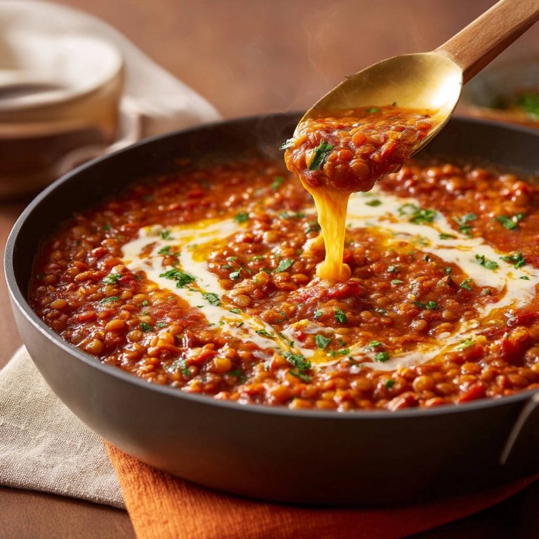 Cremiges Linsen-Curry mit einem Löffel, der die cremige Konsistenz und das geschmolzene Käse-Topping zeigt.