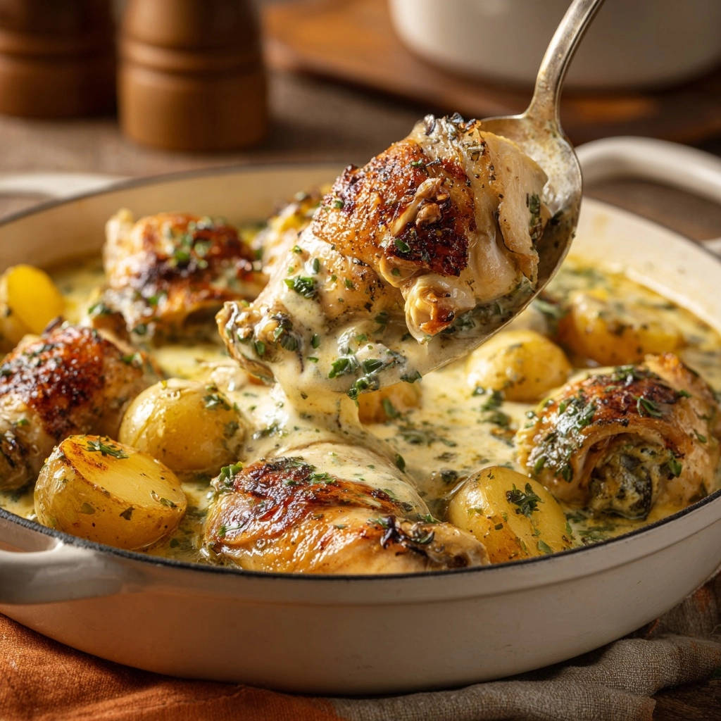 Cremiges Ofen-Hähnchen mit Kartoffeln, das mit einer Schöpfkelle serviert wird und die saftigen Hähnchenteile und die cremige Sauce zeigt.