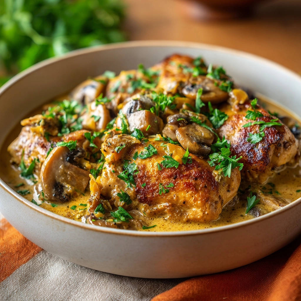 Cremiges Pilz-Hähnchen in einer Schüssel, garniert mit frischen Kräutern und serviert mit Pilzen.