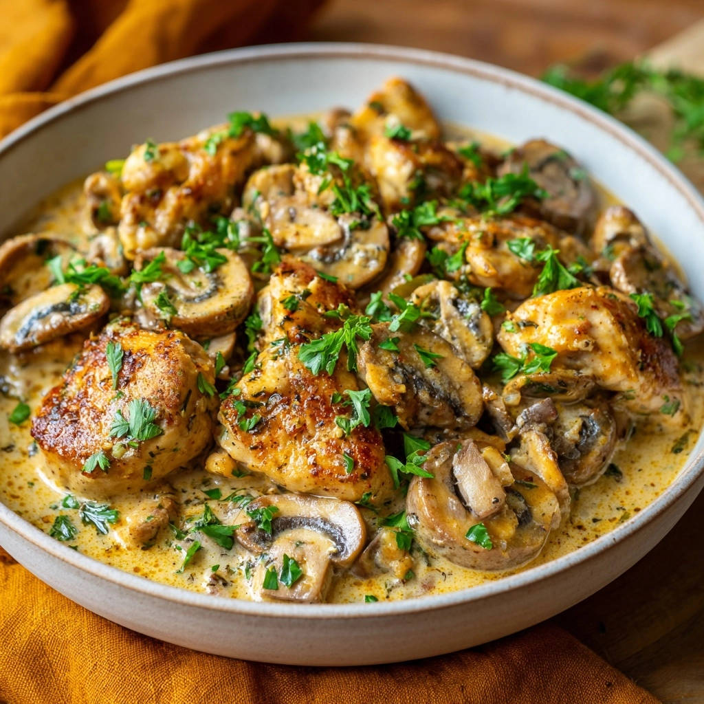 Cremiges Pilz-Hähnchen als Nahaufnahme mit saftigen Hähnchenstücken und Pilzen, garniert mit Petersilie.