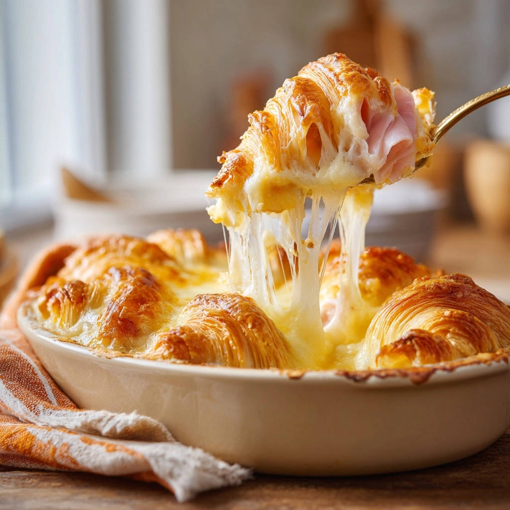 Croissant-Schinken-Käse-Auflauf mit herrlich geschmolzenem Käse, der von einem Löffel gezogen wird.