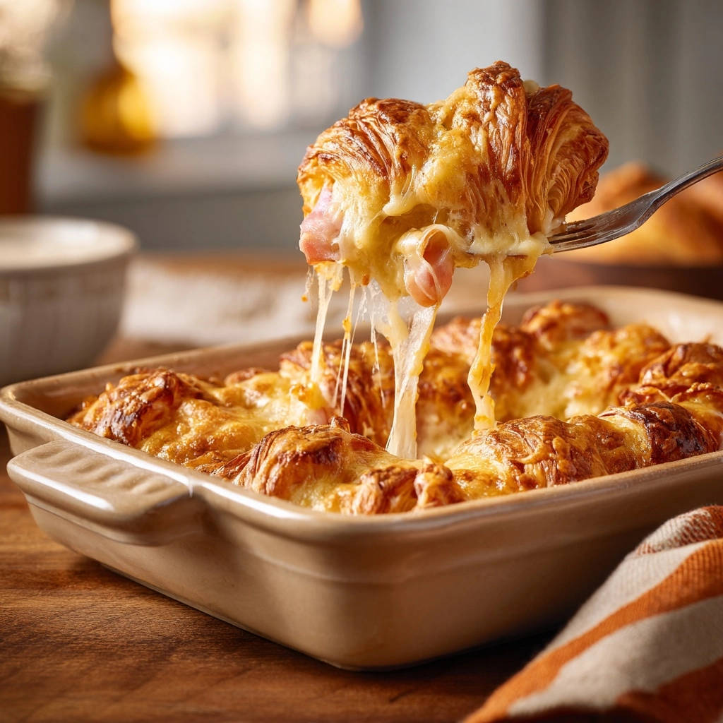 Croissant-Schinken-Käse-Auflauf, eine Nahaufnahme zeigt den zart schmelzenden Käse, der von einem Croissant gezogen wird.