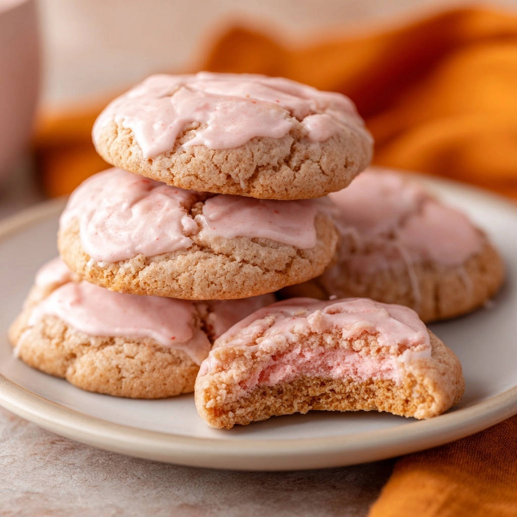 Saftige Erdbeer-Cookies mit zartem Zuckerguss, ein Cookie ist angeschnitten und zeigt die weiche rosafarbene Füllung.